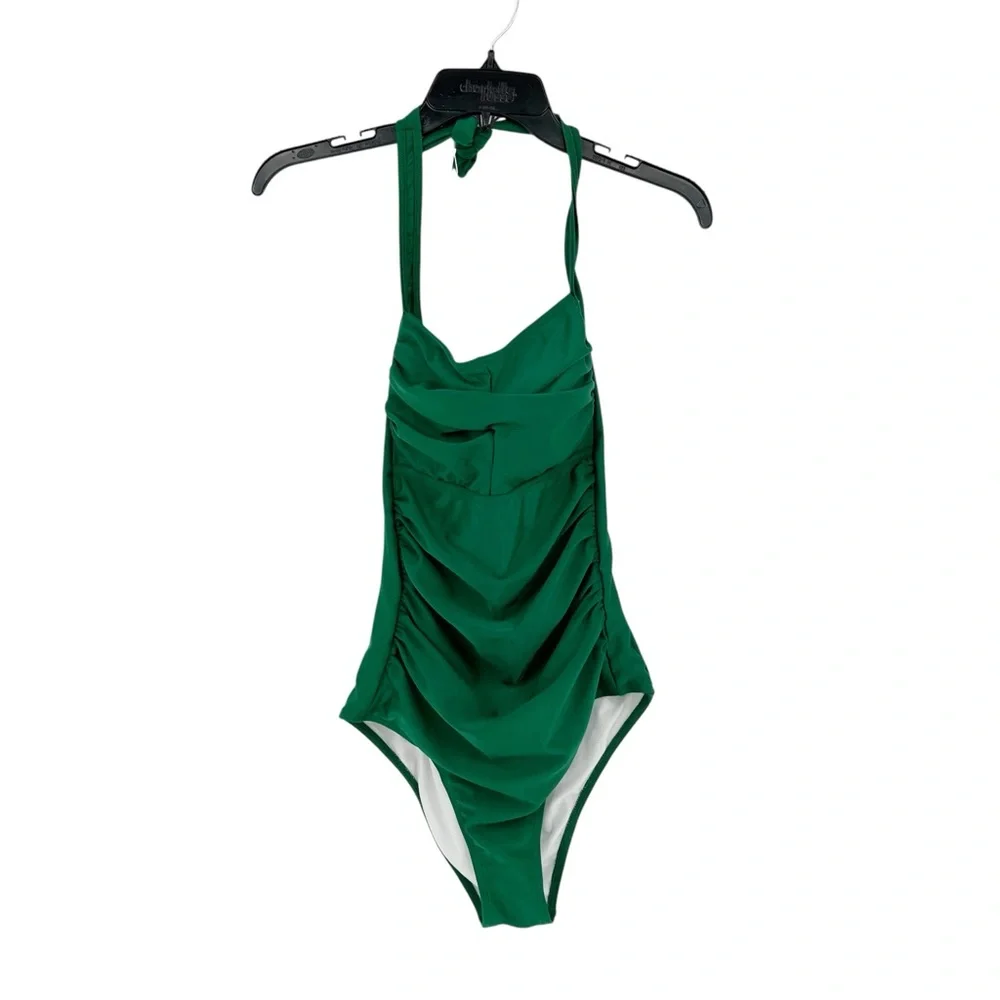 Smismivo Halter One Piece Swimsuit Green Ruched Tummy Control Retro Pinup Size M